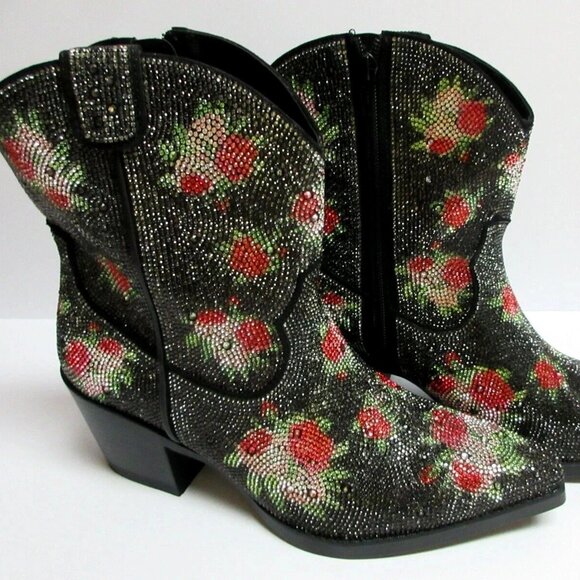 Wild Pair Lacey Floral Bling Booties Black 6M Rhinestone Stacked Heel MSRP $119 - Picture 1 of 6